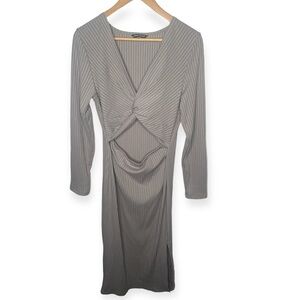 Shein Gray Ribbed Twisted & Cut Out Long Sleeve Midi Bodycon Dress Size 12​​‎